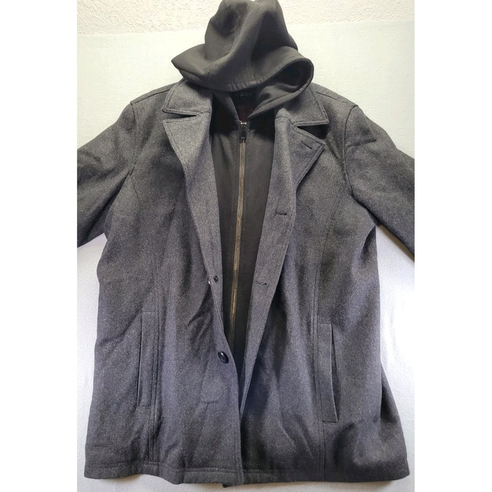 Black Rivet Unique Black Wool Blend Winter Coat Hoodie Zip Cuff Heavy Mens Large